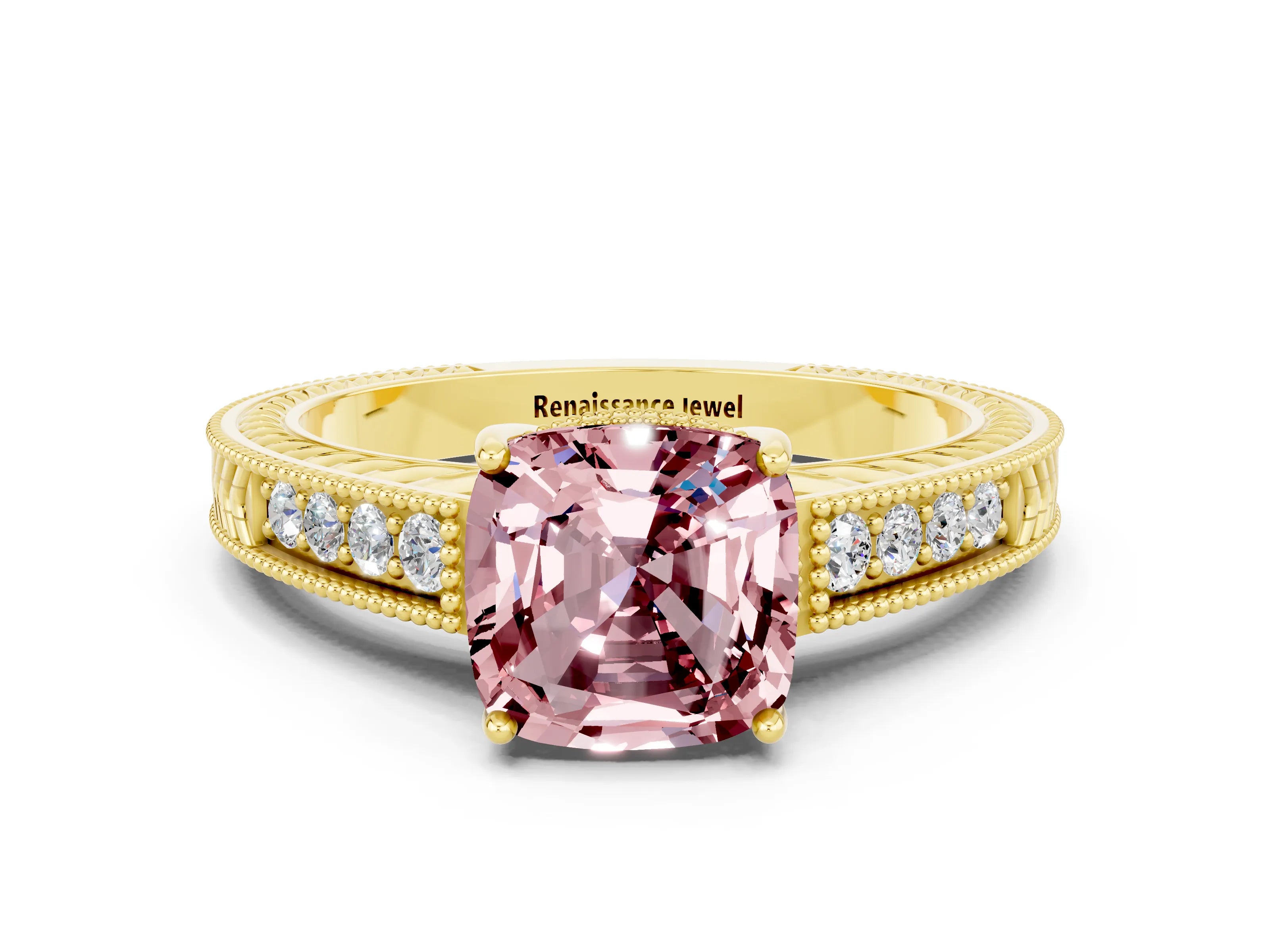 Yellow gold Cushion Cut Morganite Ring with Milgrain Pavé Band and Four-Prong Setting_12