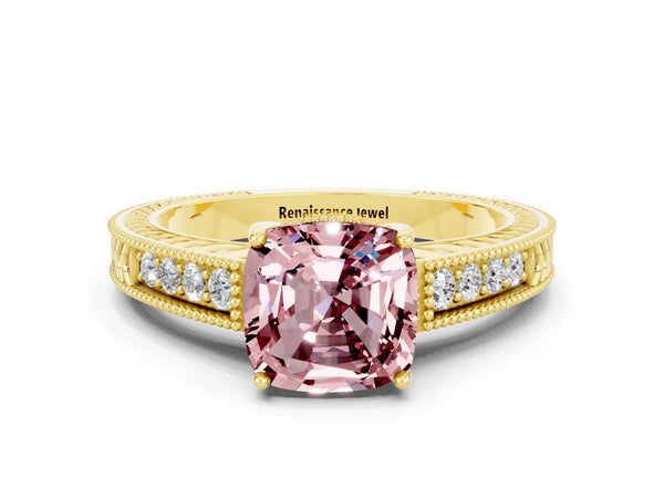 Yellow gold Cushion Cut Morganite Ring with Milgrain Pavé Band and Four-Prong Setting