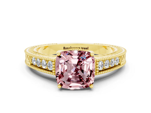 Yellow gold Cushion Cut Morganite Ring with Milgrain Pavé Band and Four-Prong Setting_12