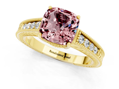 Yellow gold Cushion Cut Morganite Ring with Milgrain Pavé Band and Four-Prong Setting_13