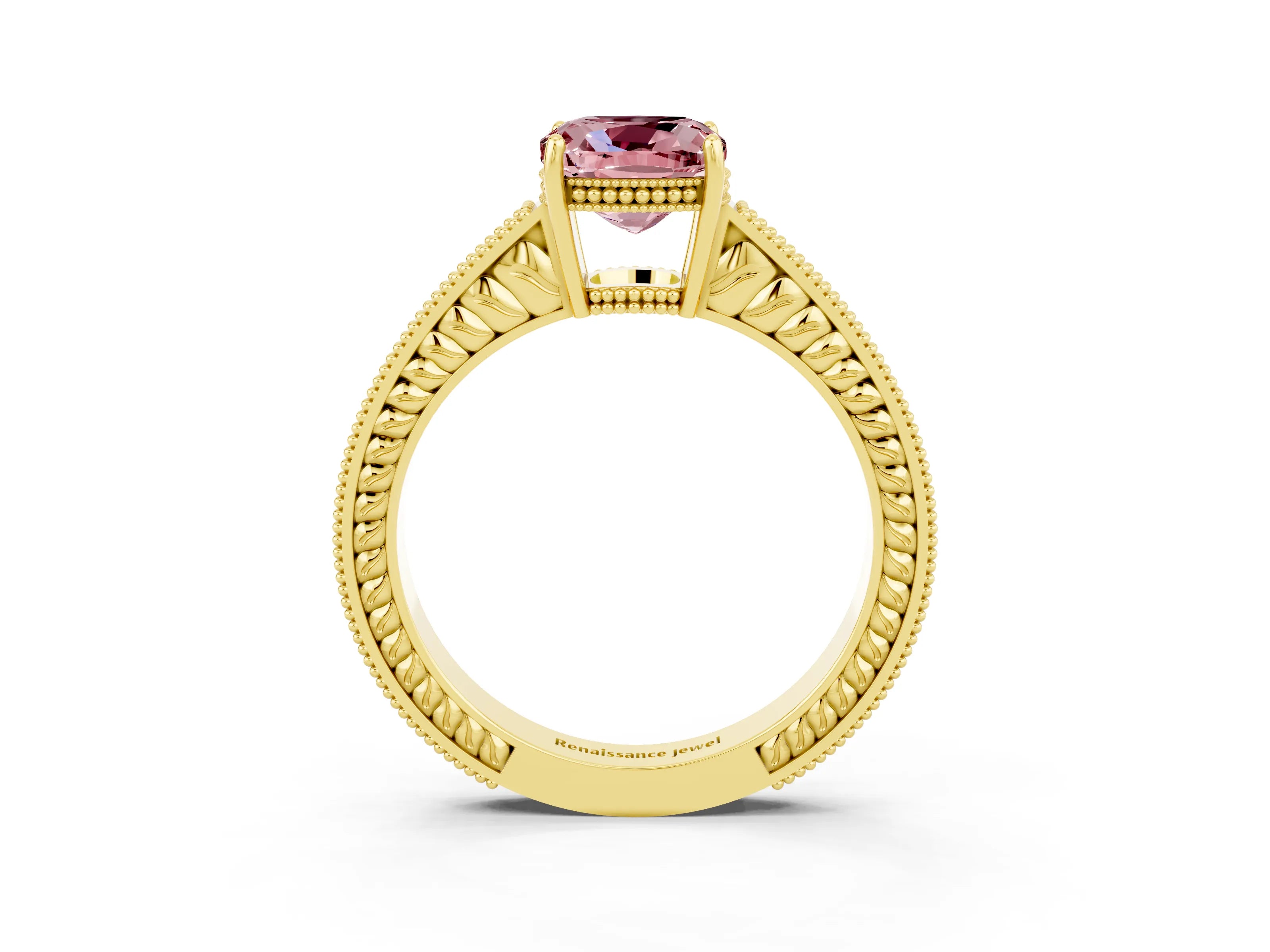 Yellow gold Cushion Cut Morganite Ring with Milgrain Pavé Band and Four-Prong Setting_15