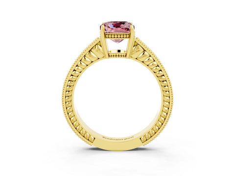 Yellow gold Cushion Cut Morganite Ring with Milgrain Pavé Band and Four-Prong Setting_15