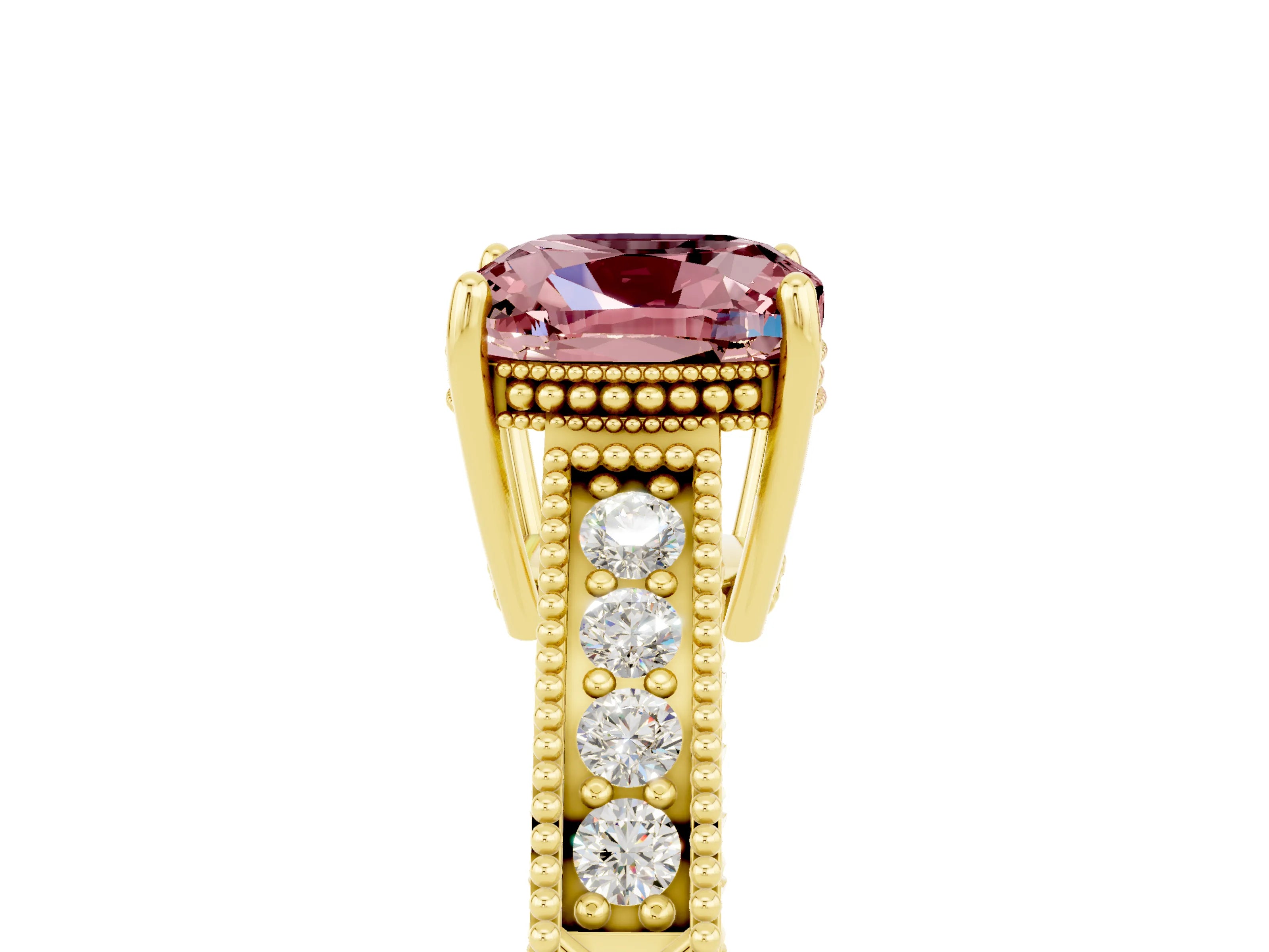 Yellow gold Cushion Cut Morganite Ring with Milgrain Pavé Band and Four-Prong Setting_17