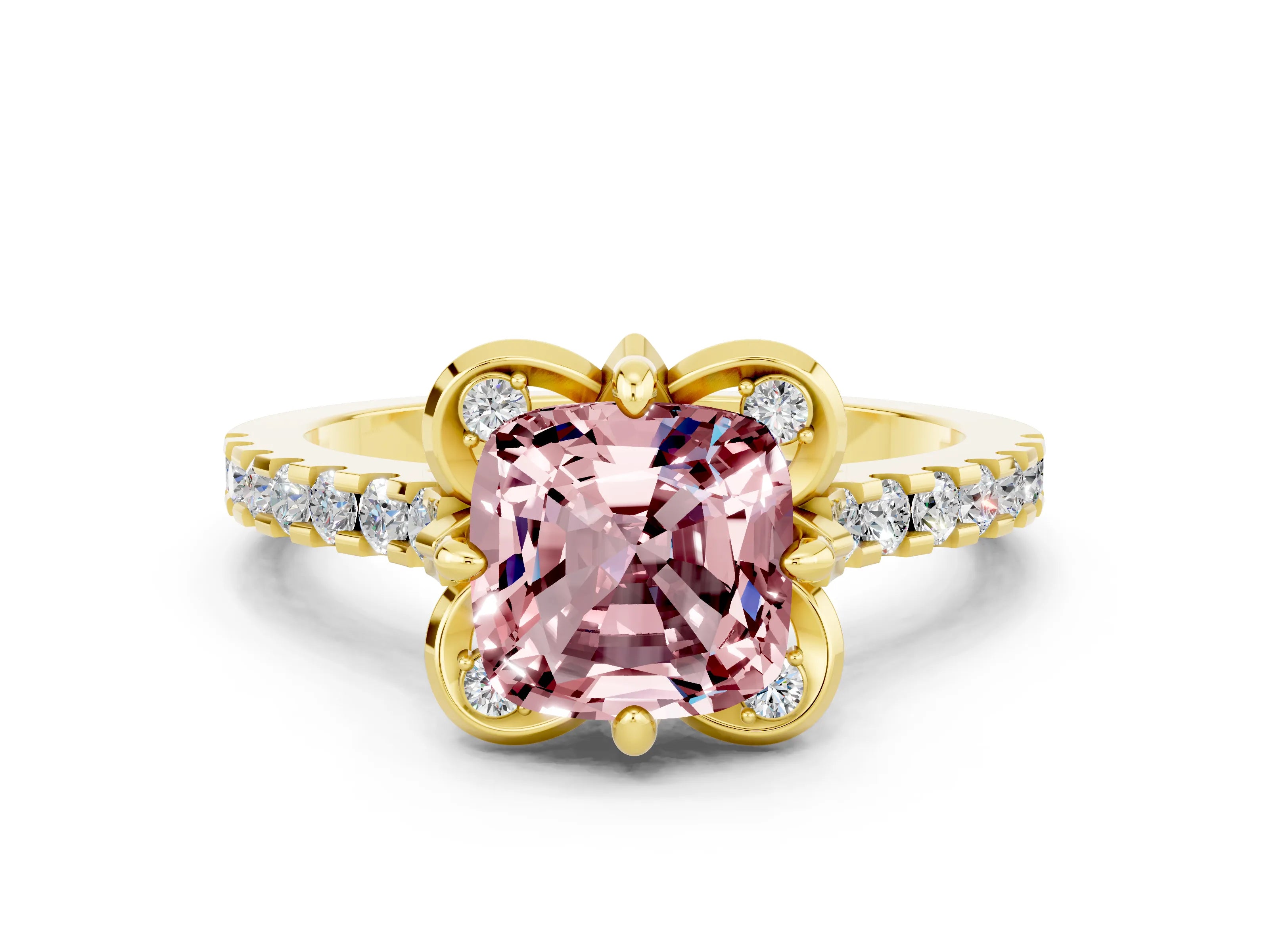 Yellow gold Cushion Cut Morganite Ring with Pavé Band and Floral Prong Setting