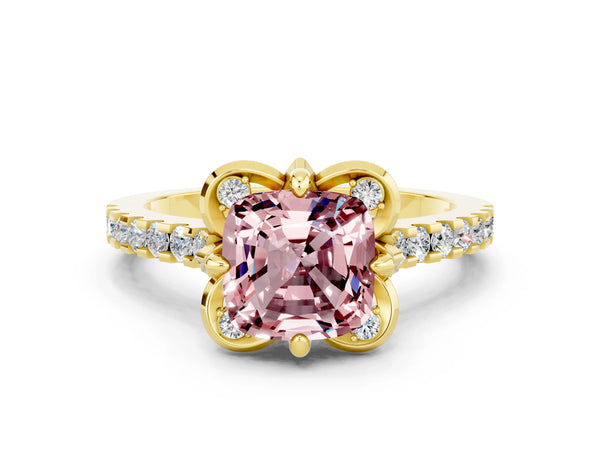 Yellow gold Cushion Cut Morganite Ring with Pavé Band and Floral Prong Setting
