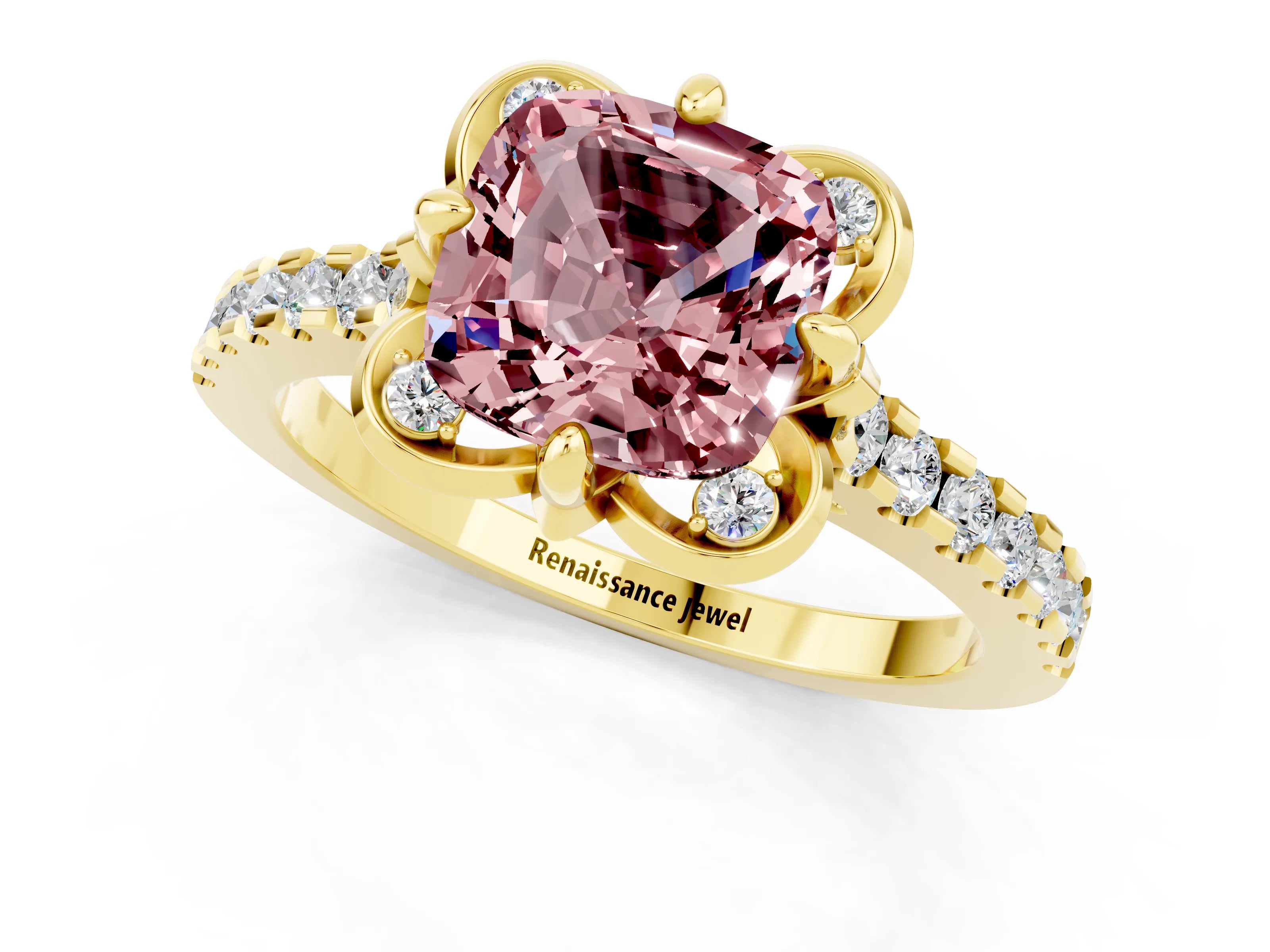 Yellow gold Cushion Cut Morganite Ring with Pavé Band and Floral Prong Setting_1