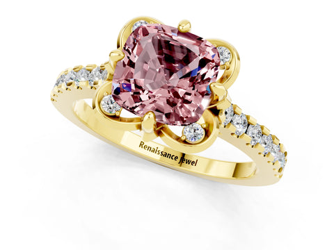 Yellow gold Cushion Cut Morganite Ring with Pavé Band and Floral Prong Setting_1
