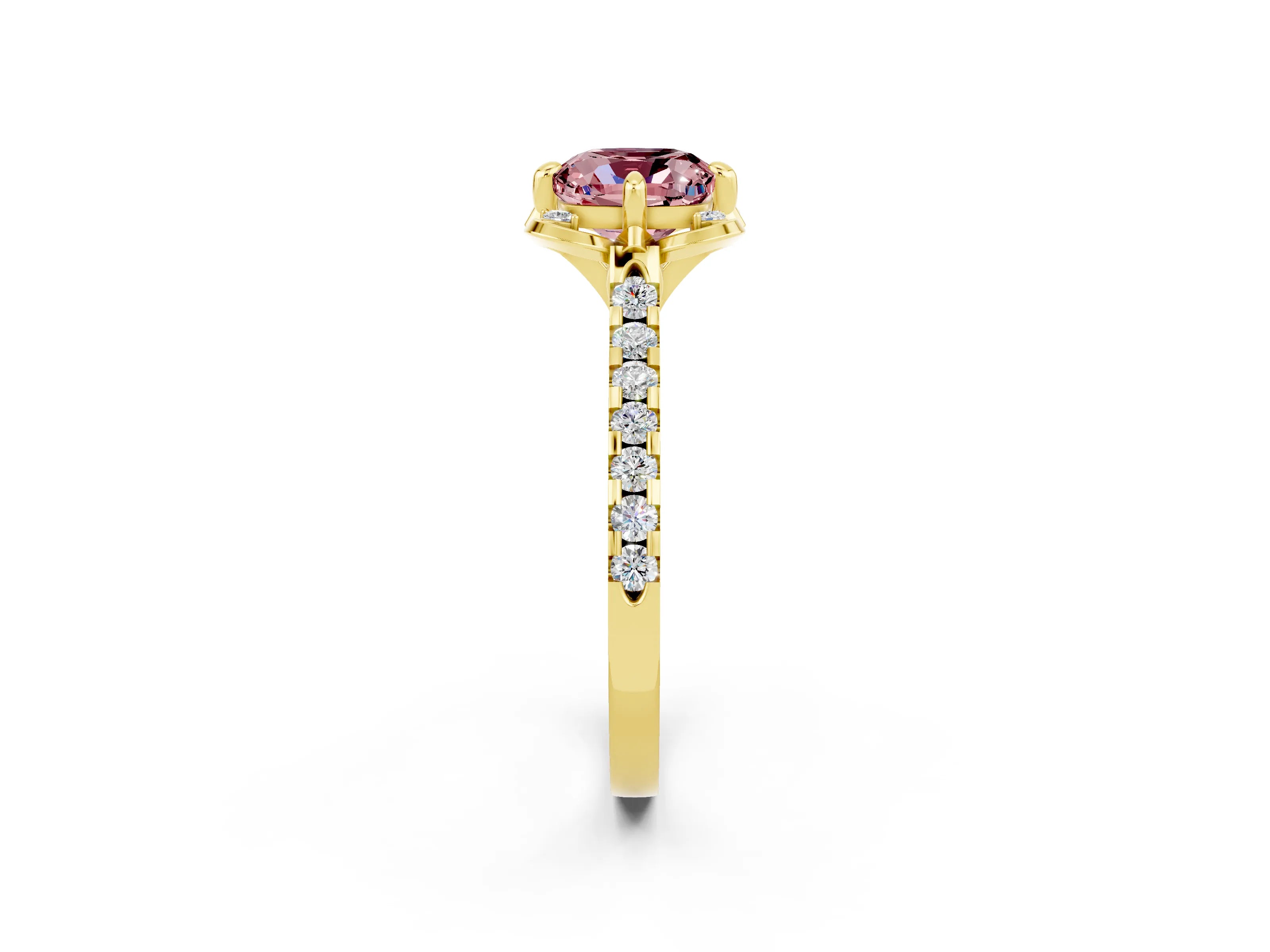 Yellow gold Cushion Cut Morganite Ring with Pavé Band and Floral Prong Setting_2
