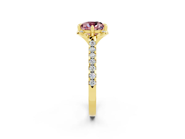 Yellow gold Cushion Cut Morganite Ring with Pavé Band and Floral Prong Setting