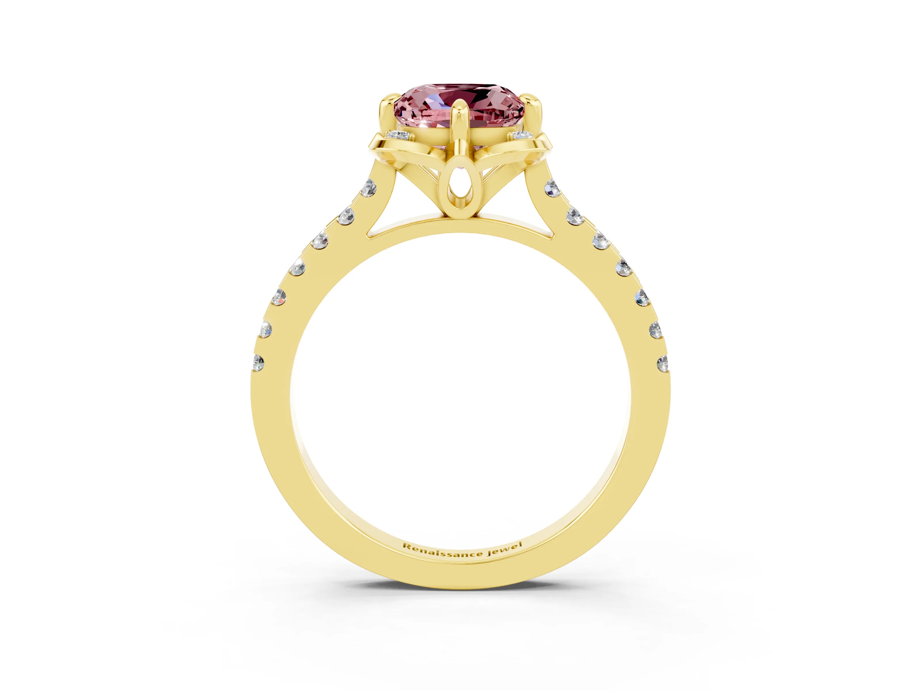 Yellow gold Cushion Cut Morganite Ring with Pavé Band and Floral Prong Setting_3