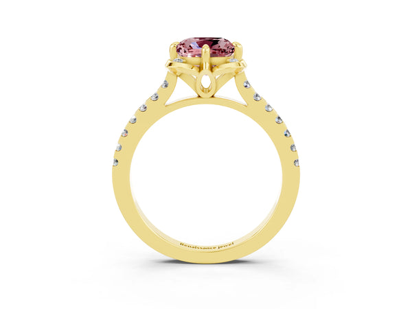 Yellow gold Cushion Cut Morganite Ring with Pavé Band and Floral Prong Setting