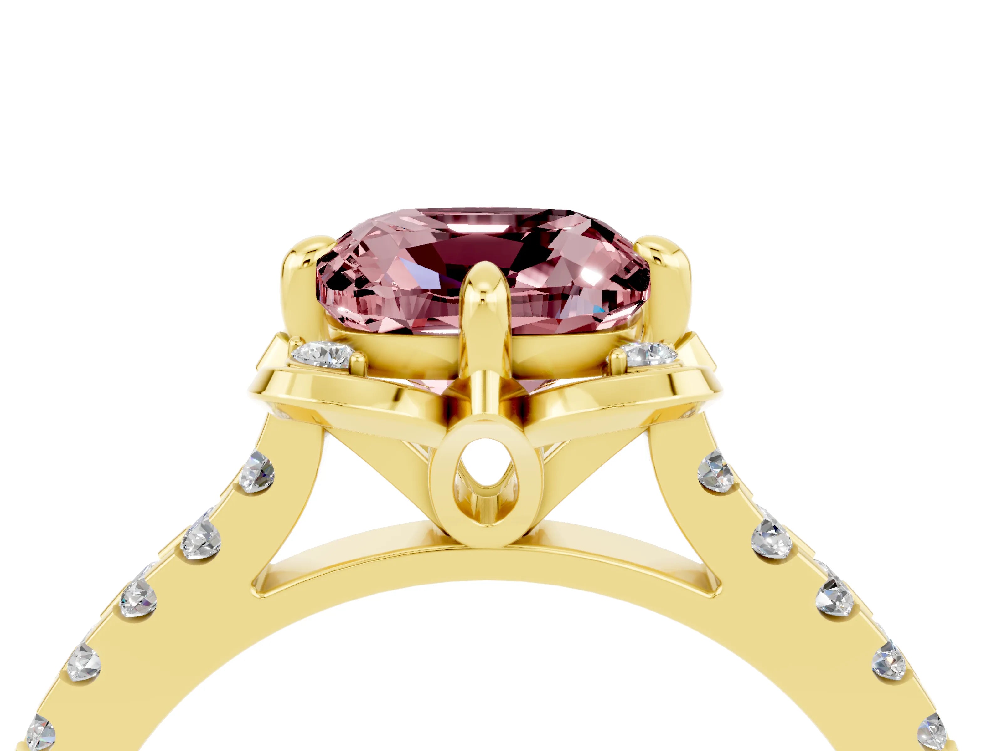 Yellow gold Cushion Cut Morganite Ring with Pavé Band and Floral Prong Setting_4