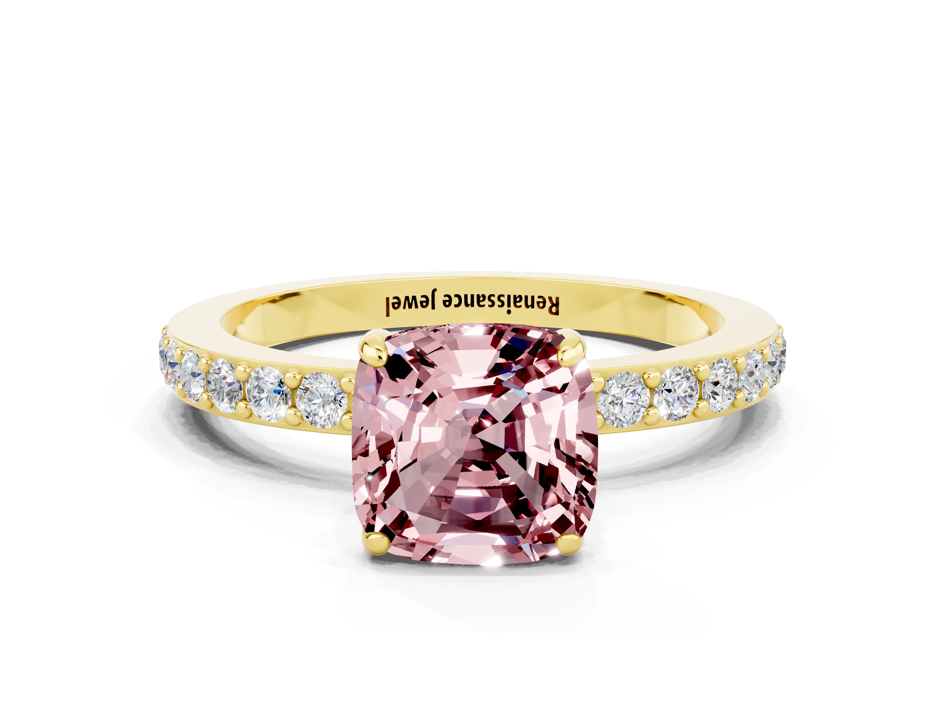 Yellow gold Cushion Cut Morganite Ring with Pavé Band and Four-Prong Setting