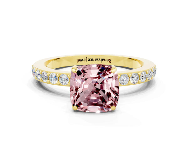 Yellow gold Cushion Cut Morganite Pavé Engagement Ring with Round  Accents and Prong Setting