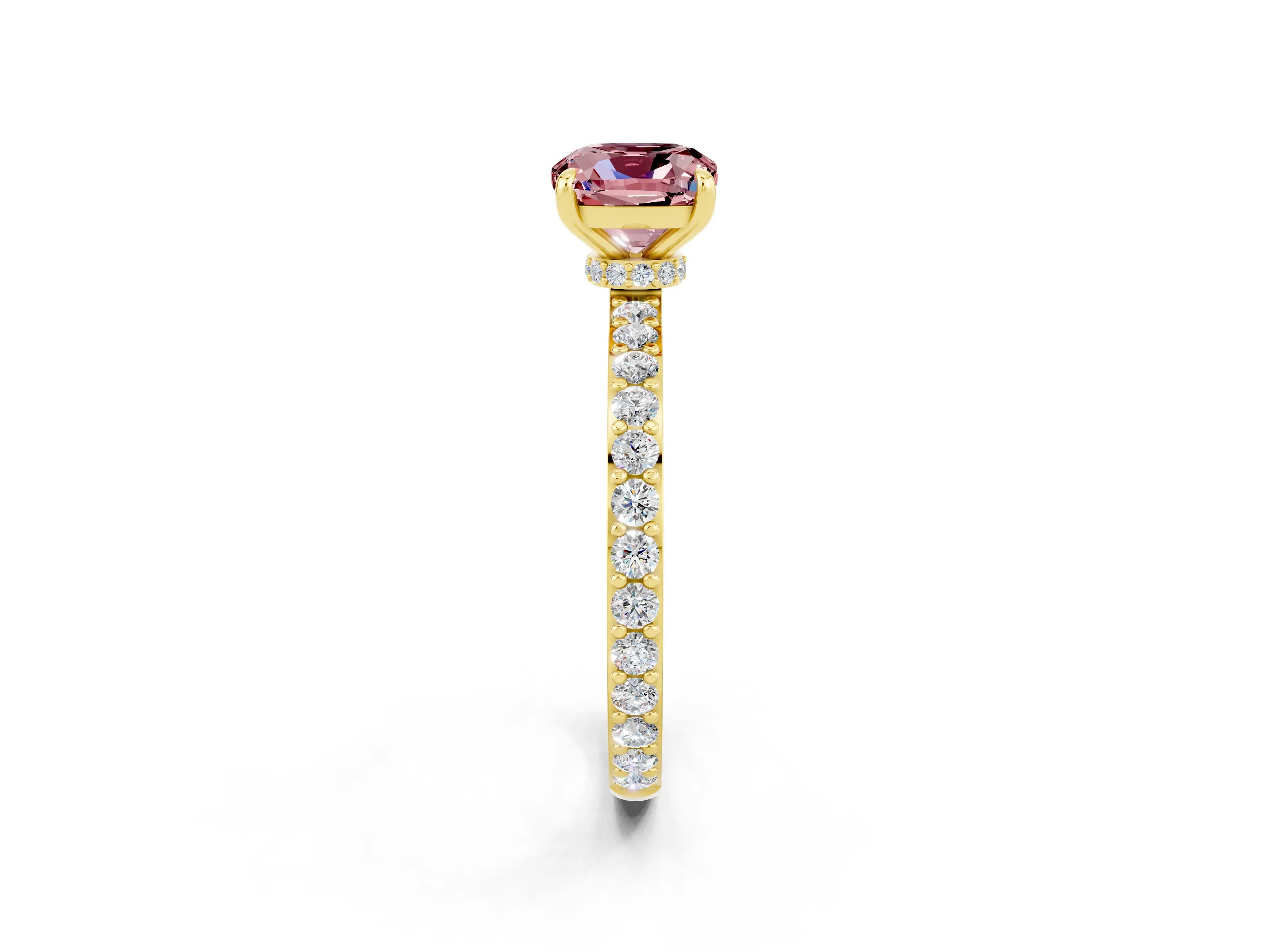 Yellow gold Cushion Cut Morganite Ring with Pavé Band and Four-Prong Setting_2