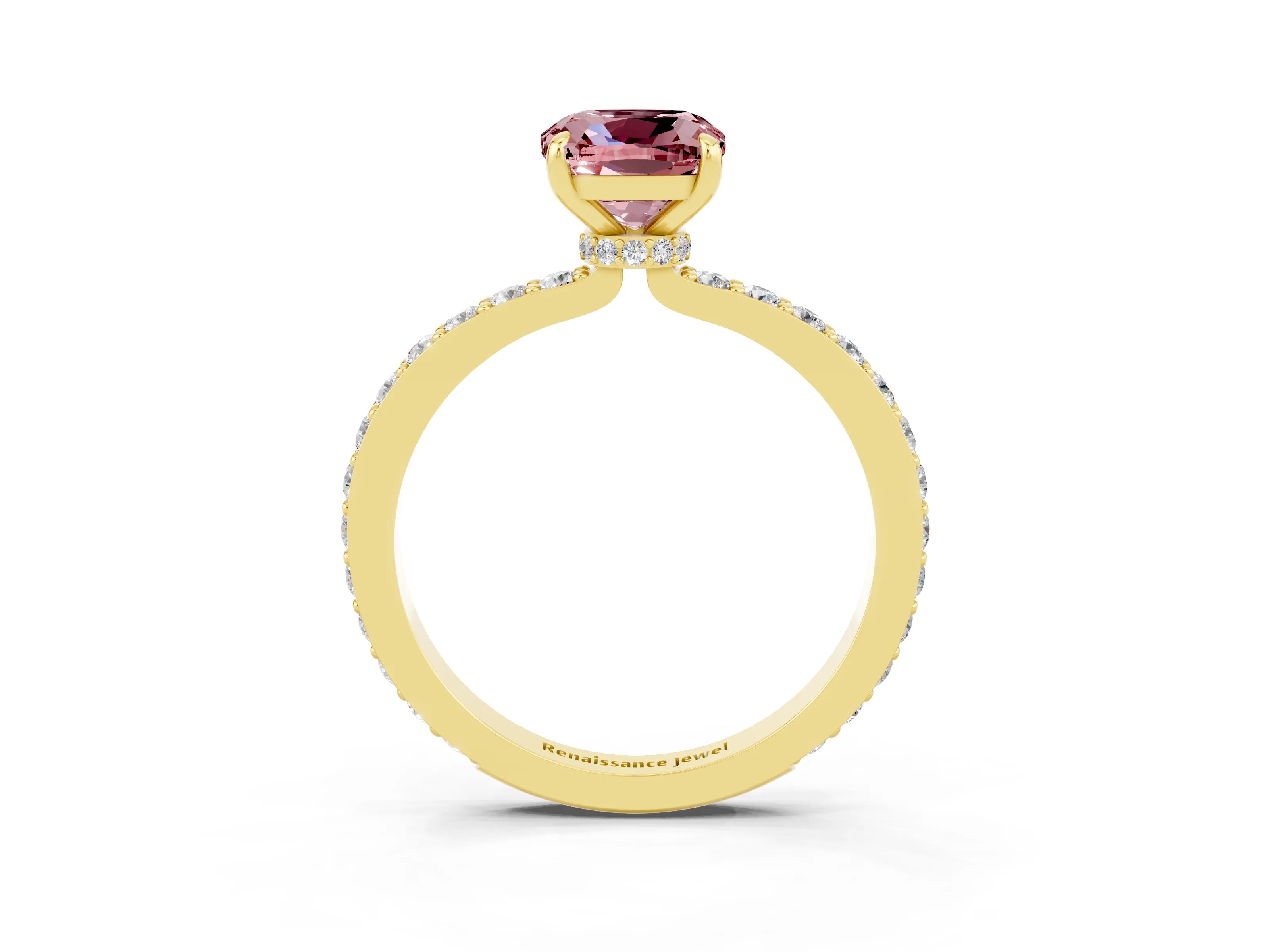 Yellow gold Cushion Cut Morganite Ring with Pavé Band and Four-Prong Setting_3