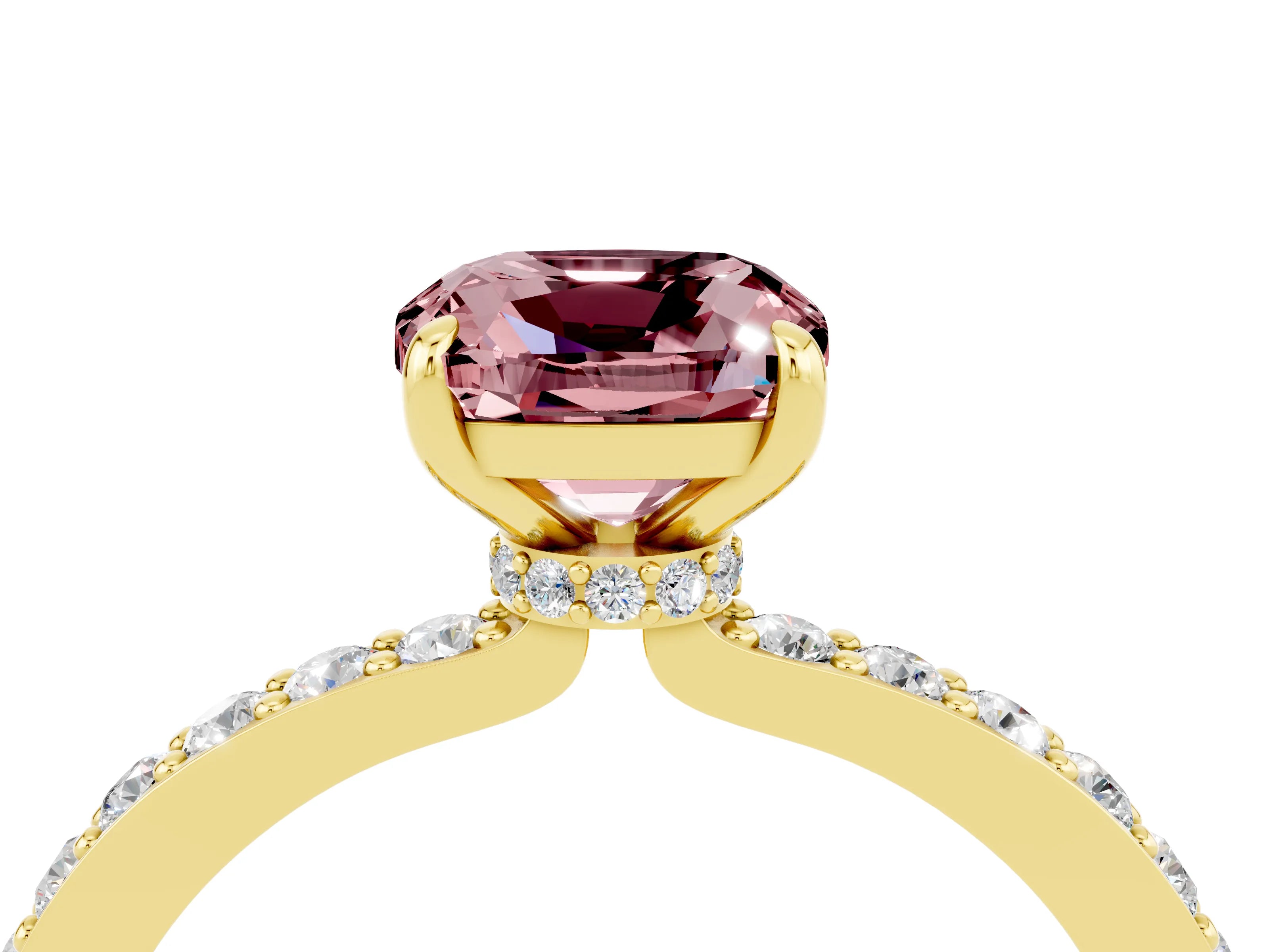 Yellow gold Cushion Cut Morganite Ring with Pavé Band and Four-Prong Setting_4