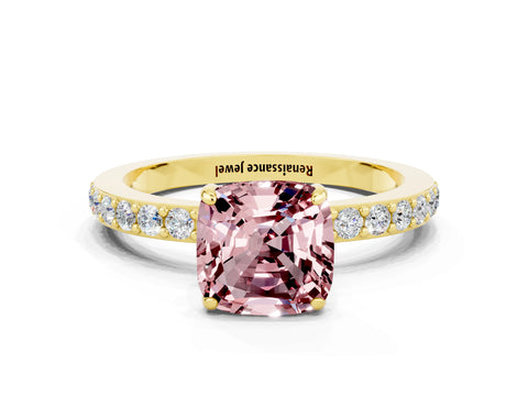 Yellow gold Cushion Cut Morganite Ring with Pavé Band and Four-Prong Setting