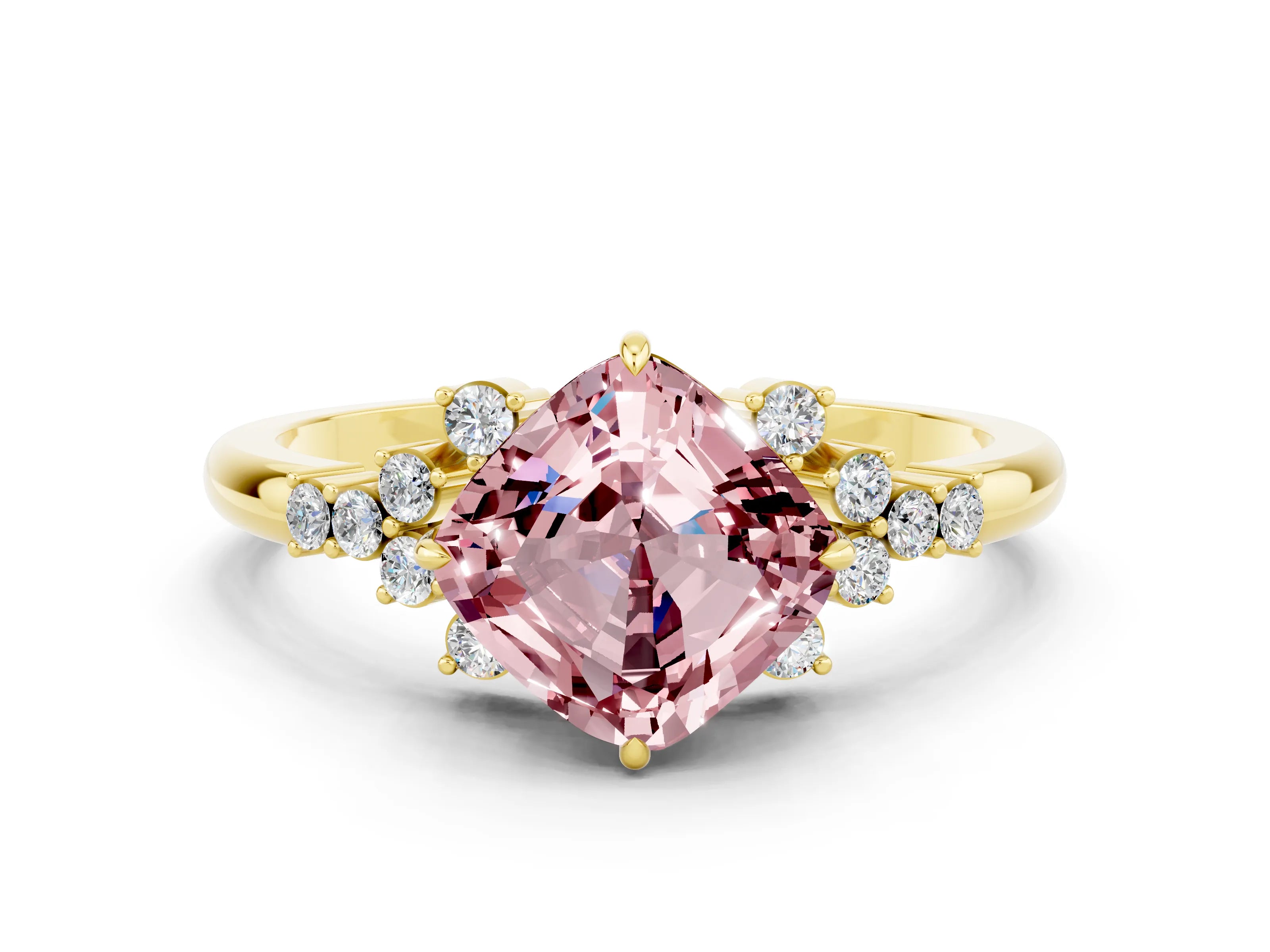 Yellow gold Cushion Cut Morganite Ring with Side Stones and Four-Prong Setting_36