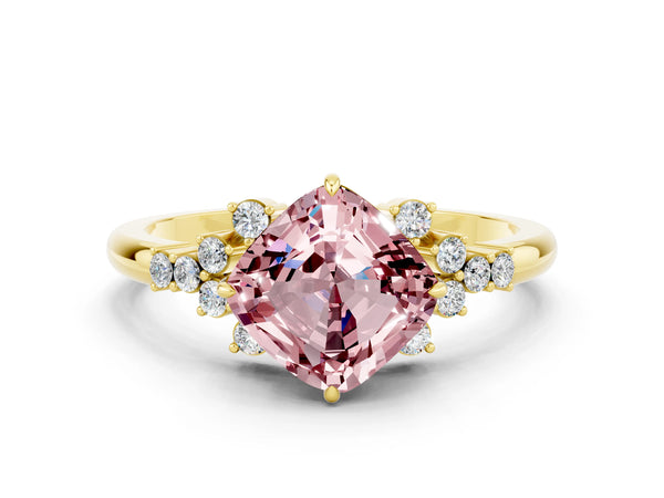 Yellow gold Cushion Cut Morganite Ring with Side Stones and Four-Prong Setting