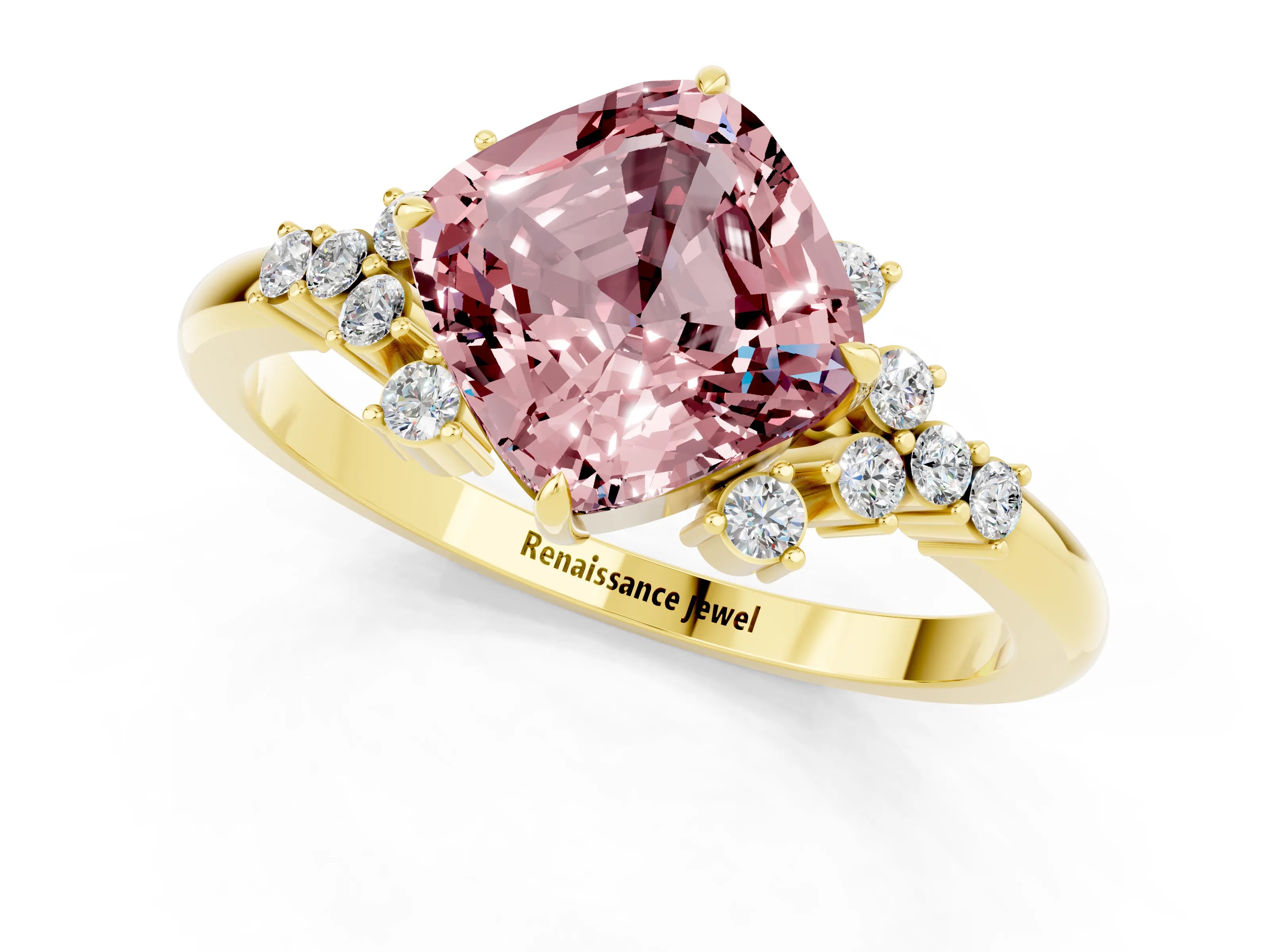 Yellow gold Cushion Cut Morganite Ring with Side Stones and Four-Prong Setting_37