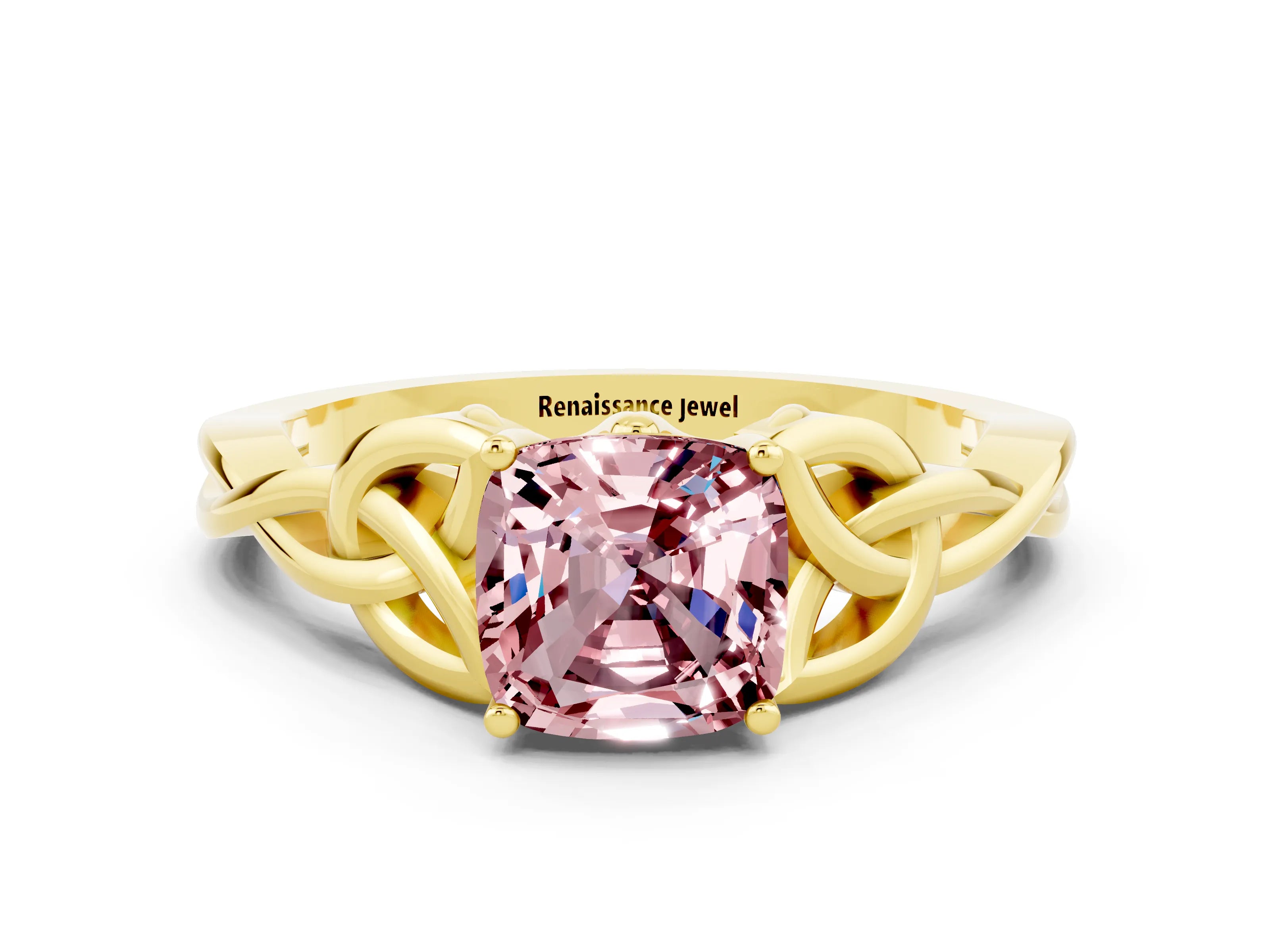 Yellow gold Cushion Cut Morganite Solitaire Celtic Knot Ring with Four-Prong Setting_12