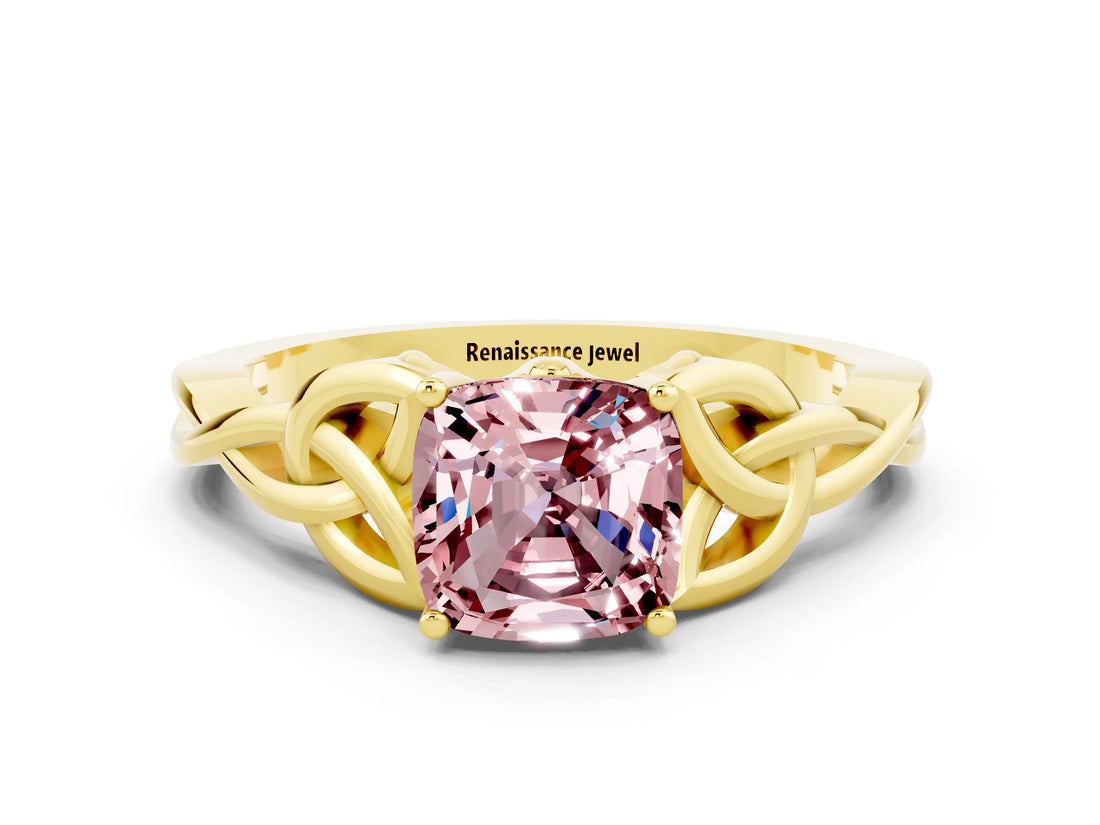 Yellow gold Cushion Cut Morganite Solitaire Celtic Knot Ring with Four-Prong Setting_12