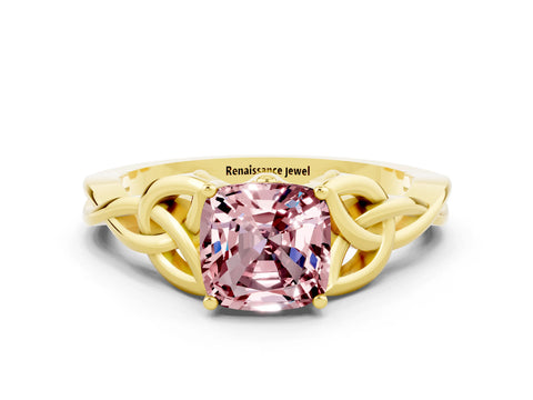 Yellow gold Cushion Cut Morganite Solitaire Celtic Knot Ring with Four-Prong Setting_12