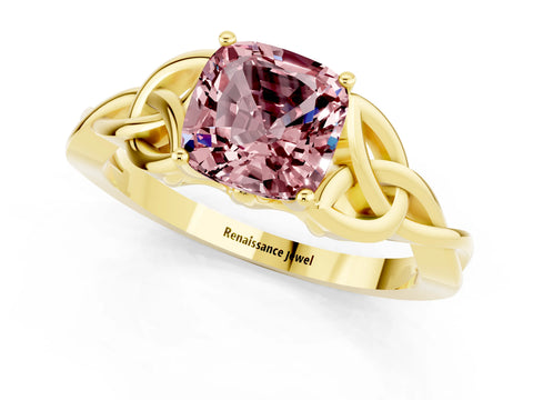 Yellow gold Cushion Cut Morganite Solitaire Celtic Knot Ring with Four-Prong Setting_13