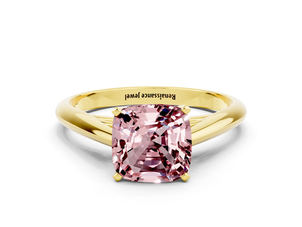 Yellow gold Cushion Cut Morganite Solitaire Engagement Ring with Cathedral Setting and Four-Prong Mount