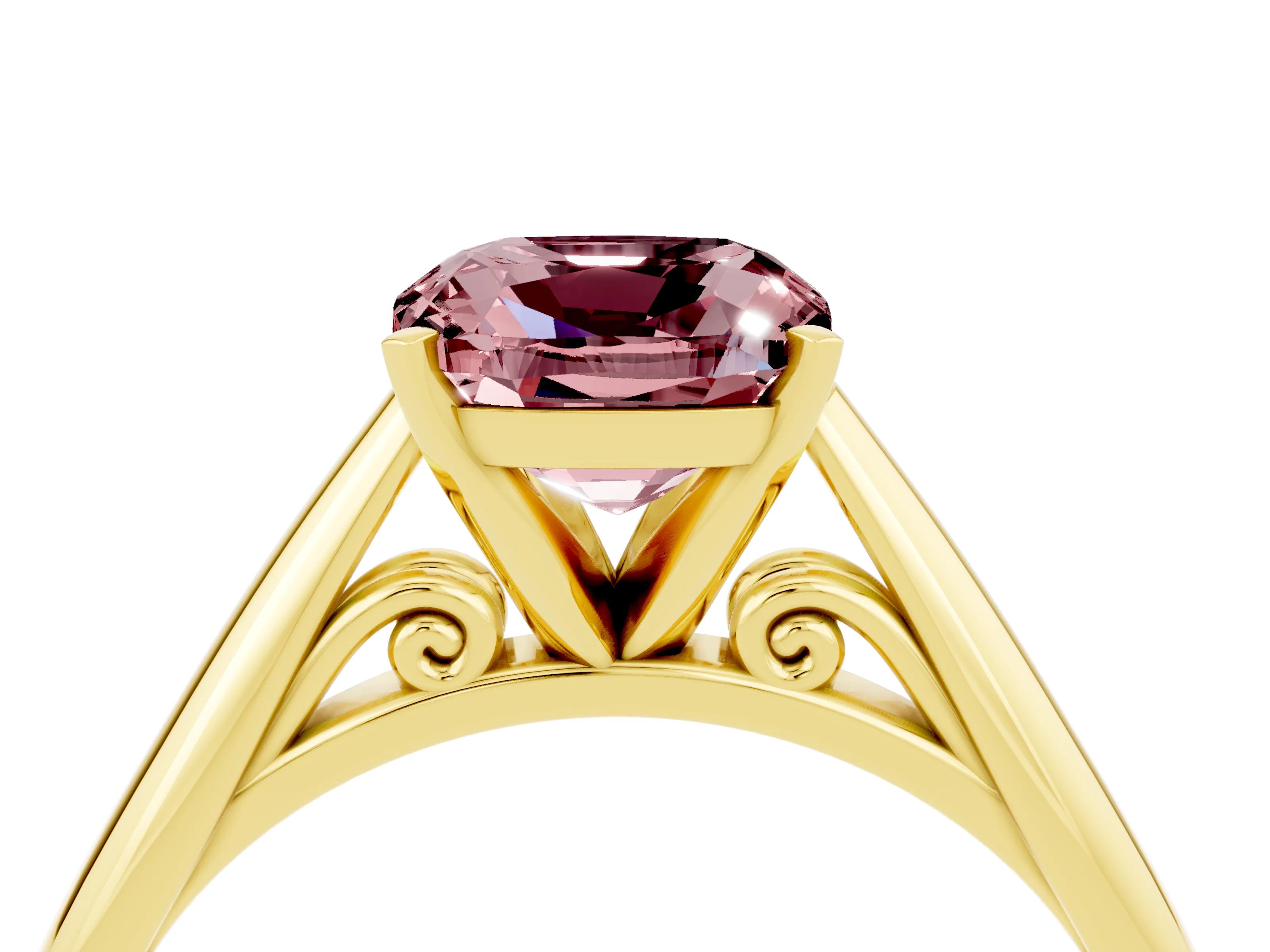 Yellow gold Cushion Cut Morganite Solitaire Engagement Ring with Cathedral Setting and Four-Prong Mount_16
