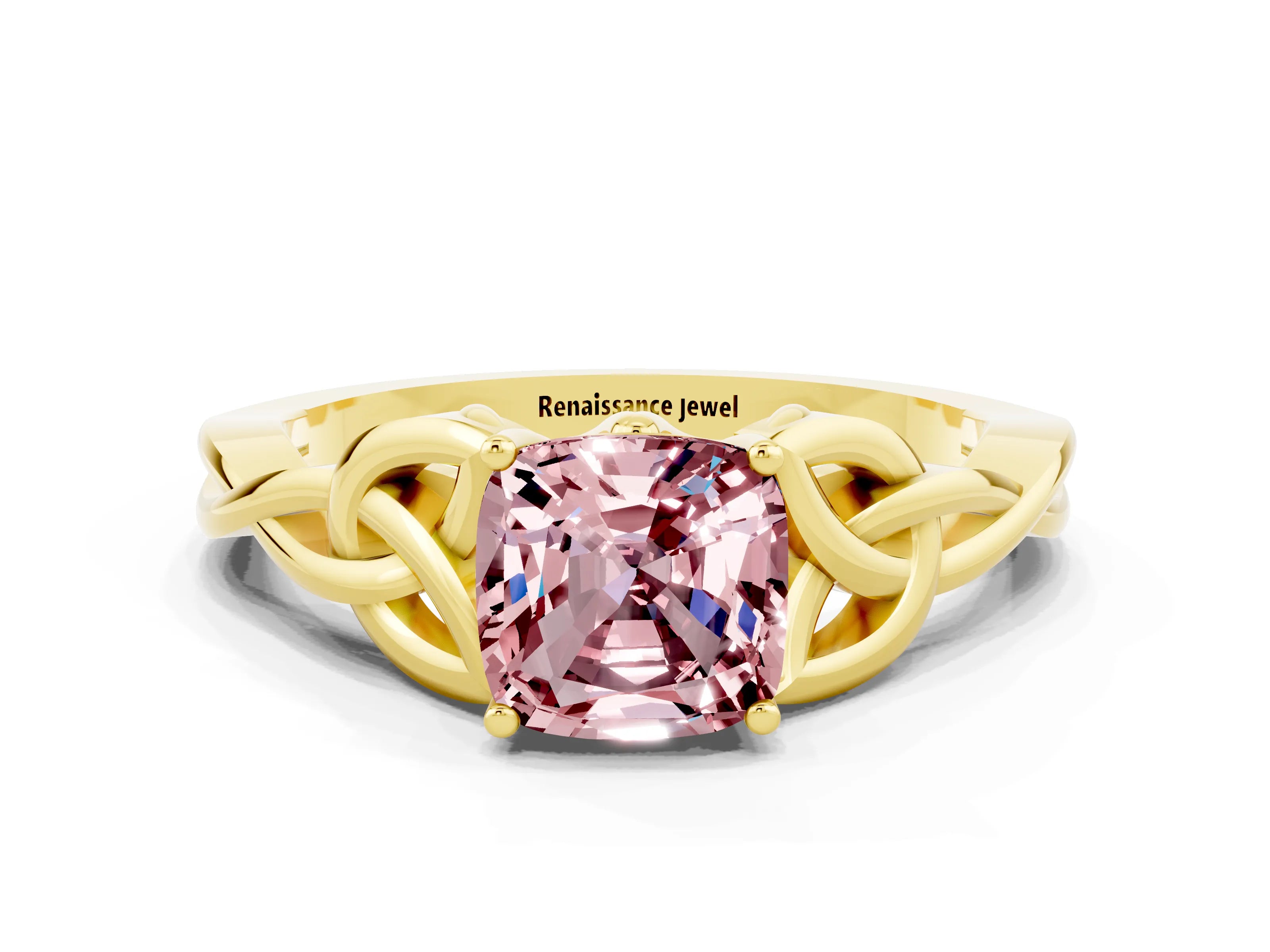 Yellow gold Cushion Cut Morganite Solitaire Engagement Ring with Celtic Knot Band and Four-Prong Setting
