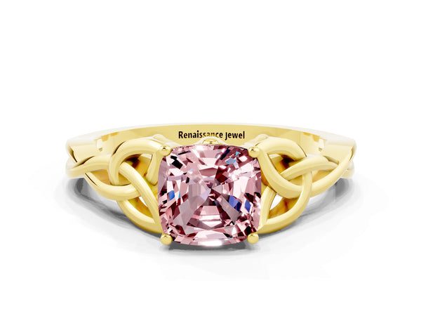 Yellow gold Cushion Cut Morganite Solitaire Engagement Ring with Celtic Knot Band and Four-Prong Setting