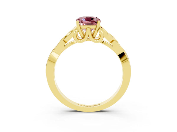 Yellow gold Cushion Cut Morganite Solitaire Engagement Ring with Celtic Knot Band and Four-Prong Setting