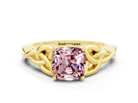 Yellow gold Cushion Cut Morganite Solitaire Engagement Ring with Celtic Knot Band and Four-Prong Setting