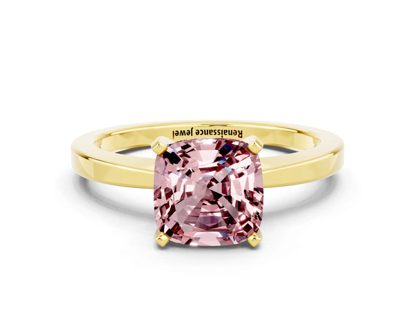 Yellow gold Cushion Cut Morganite Solitaire Engagement Ring with Classic Band and Four-Prong Setting