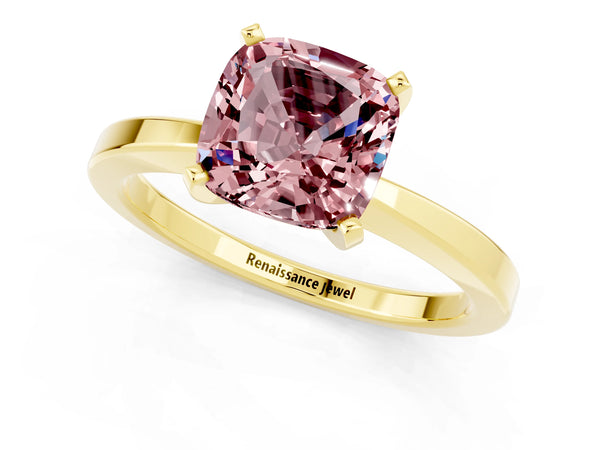 Yellow gold Cushion Cut Morganite Solitaire Engagement Ring with Classic Band and Four-Prong Setting