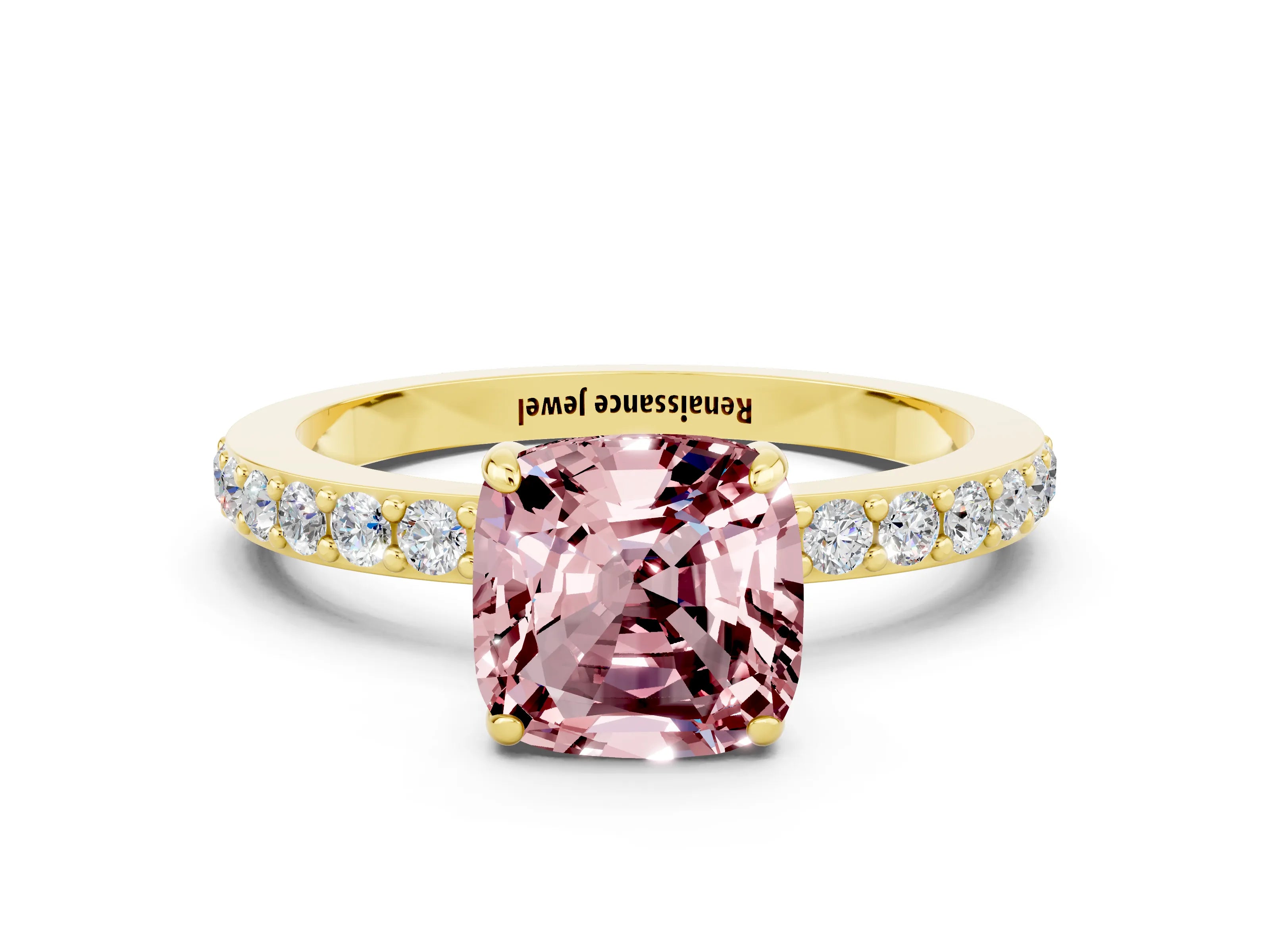 Yellow gold Cushion Cut Morganite Solitaire Engagement Ring with Pavé Band and Four-Prong Setting