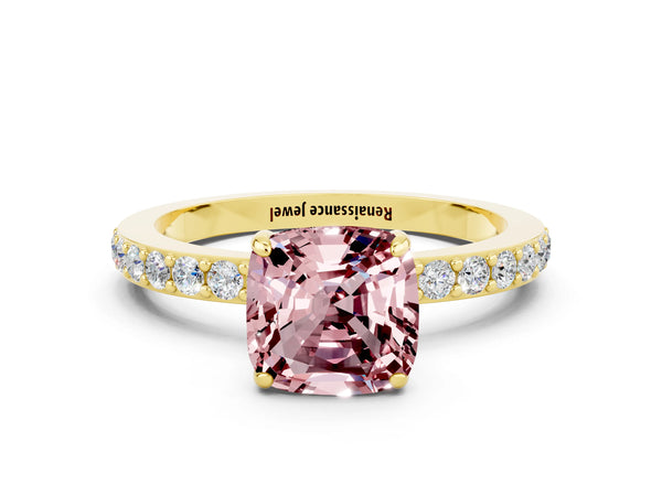 Yellow gold Cushion Cut Morganite Solitaire Engagement Ring with Pavé Band and Four-Prong Setting