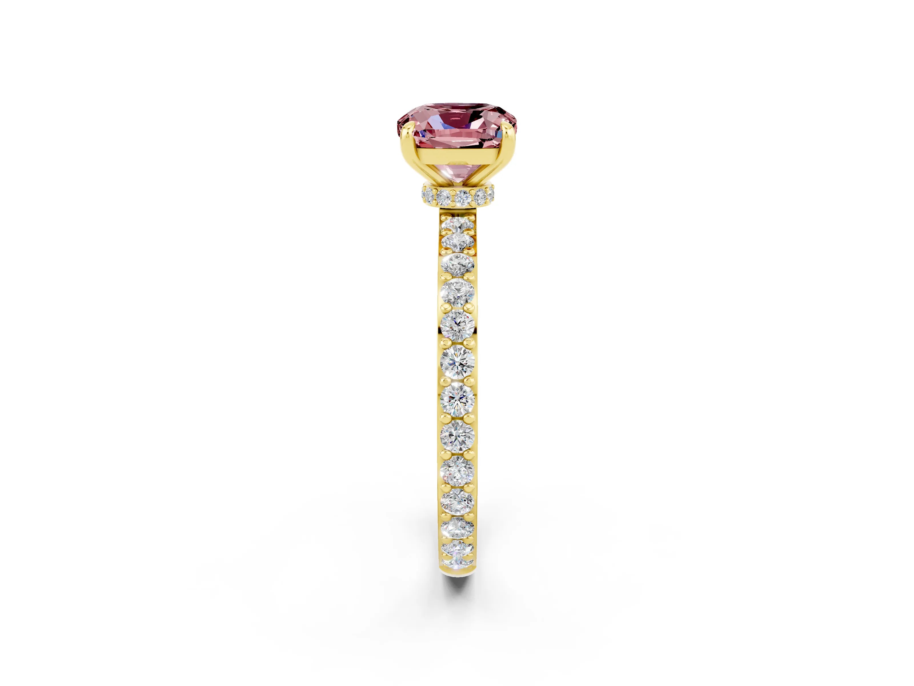 Yellow gold Cushion Cut Morganite Solitaire Engagement Ring with Pavé Band and Four-Prong Setting_2