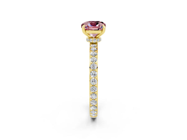 Yellow gold Cushion Cut Morganite Solitaire Engagement Ring with Pavé Band and Four-Prong Setting
