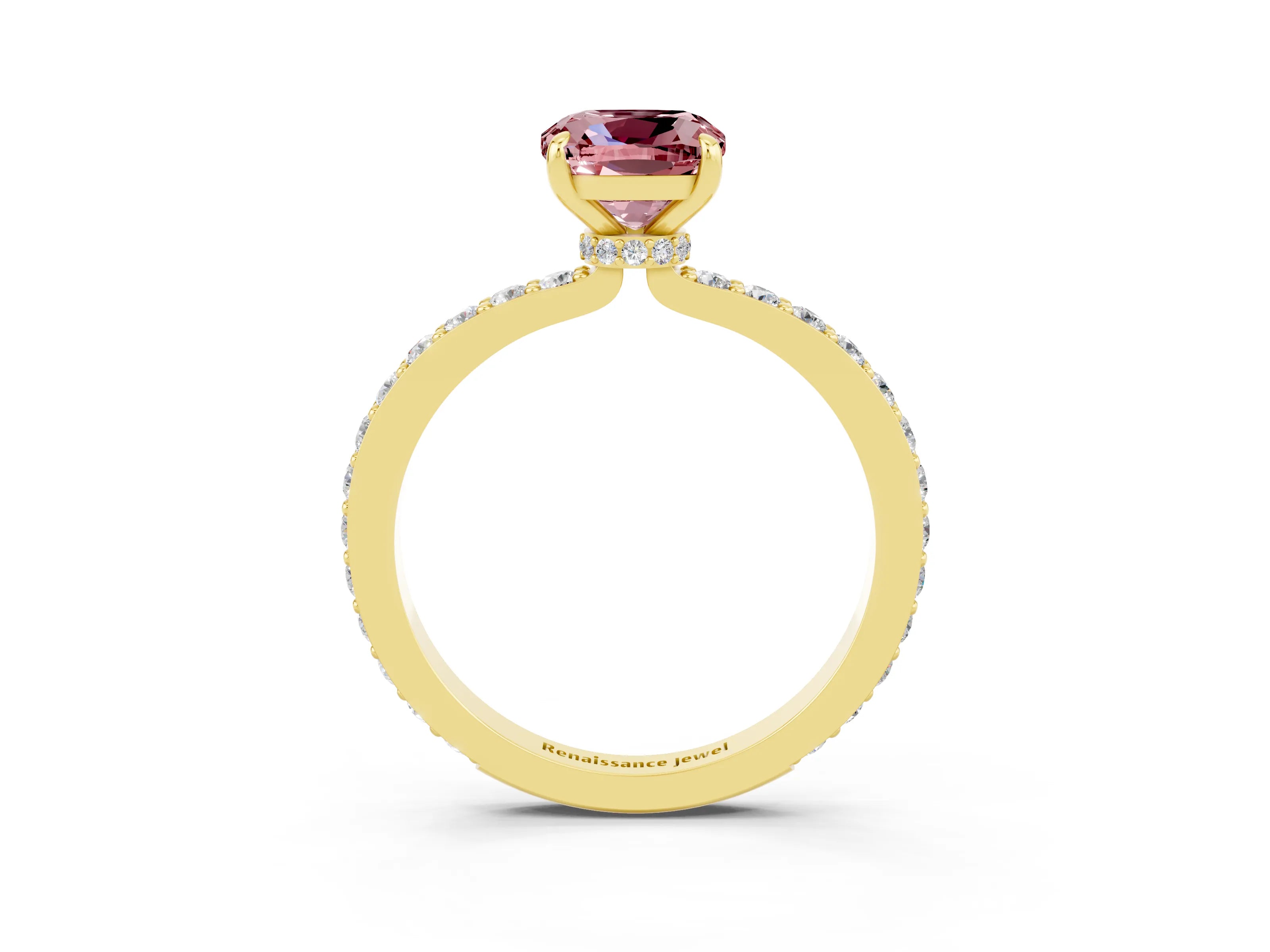Yellow gold Cushion Cut Morganite Solitaire Engagement Ring with Pavé Band and Four-Prong Setting_3