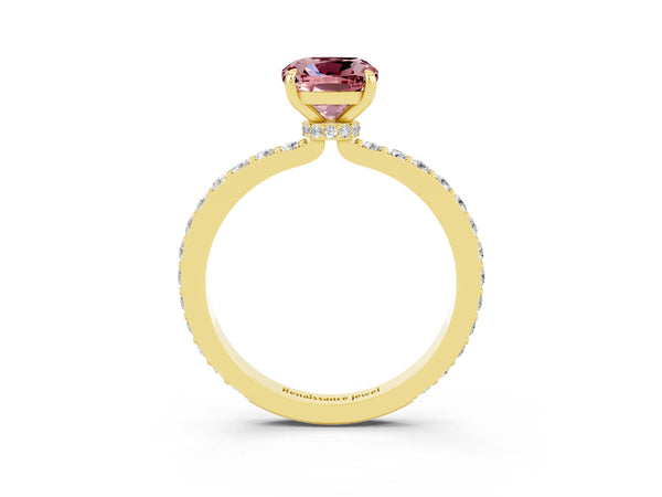 Yellow gold Cushion Cut Morganite Solitaire Engagement Ring with Pavé Band and Four-Prong Setting