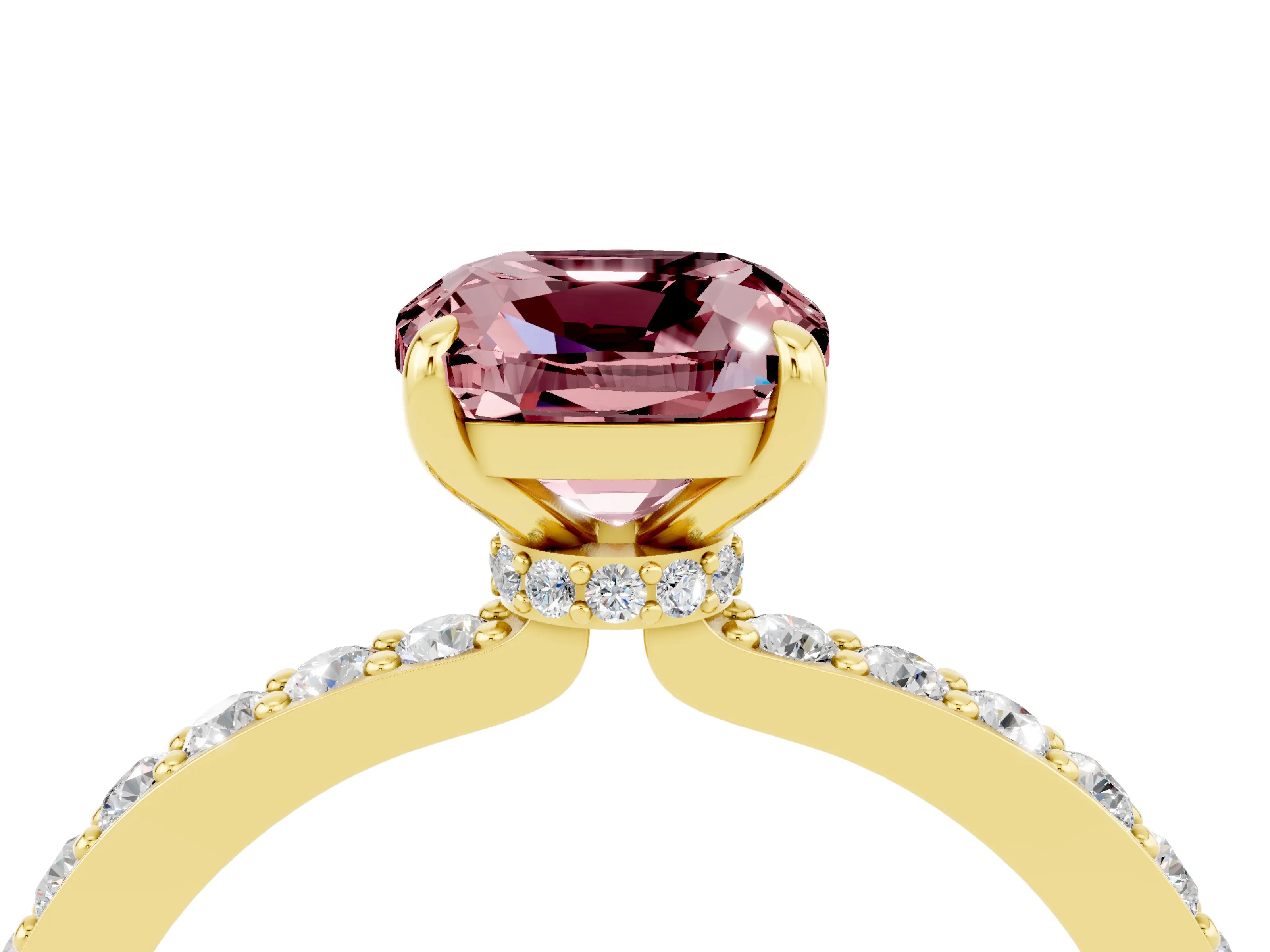 Yellow gold Cushion Cut Morganite Solitaire Engagement Ring with Pavé Band and Four-Prong Setting_4