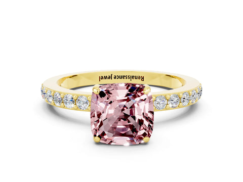 Yellow gold Cushion Cut Morganite Solitaire Engagement Ring with Pavé Band and Four-Prong Setting