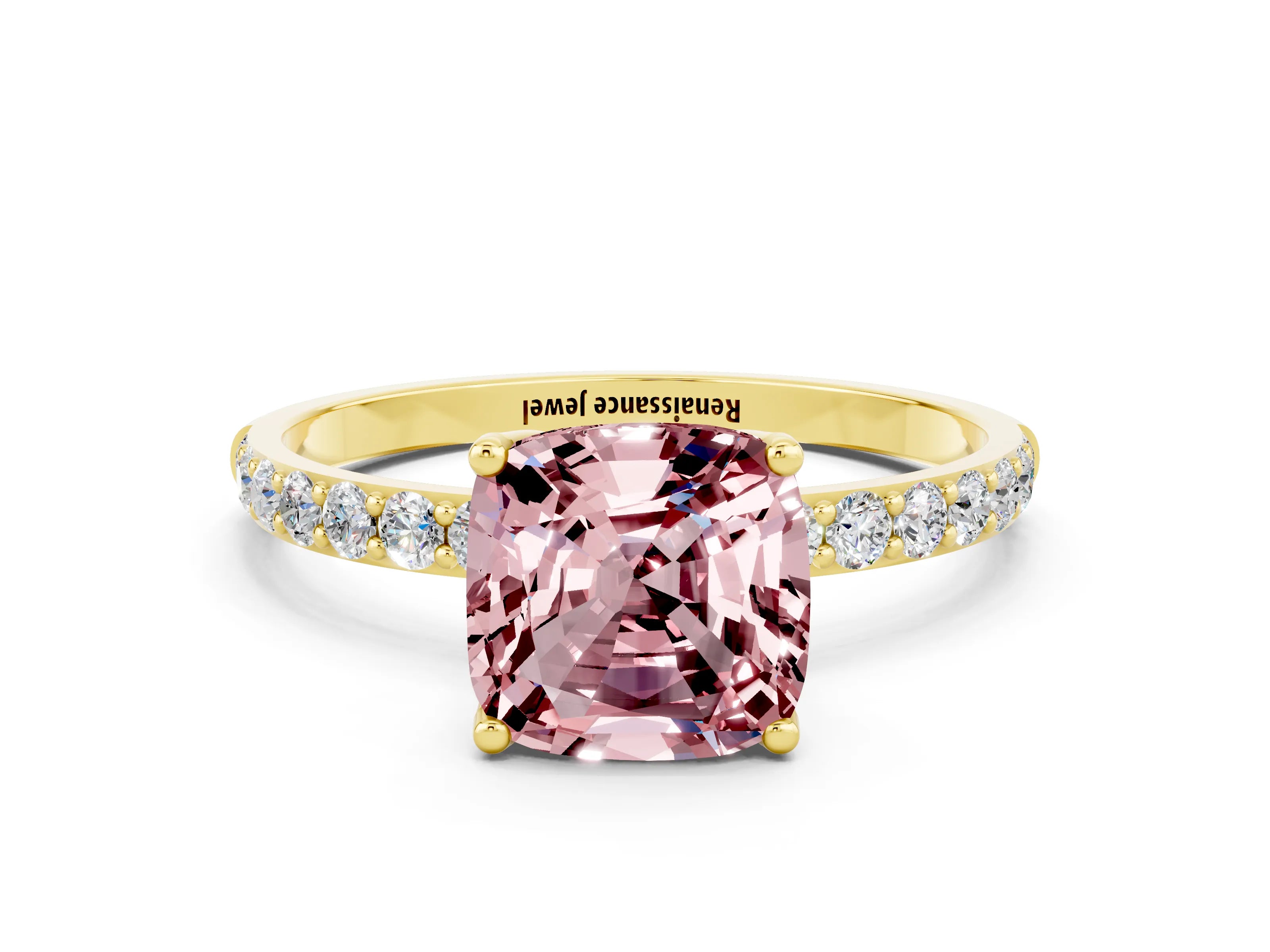 Yellow gold Cushion Cut Morganite Solitaire Engagement Ring with Pavé Band and Prong Setting