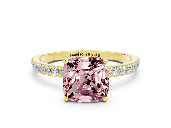 Yellow gold Cushion Cut Morganite Solitaire Engagement Ring with Round  Pavé Band and Prong Setting
