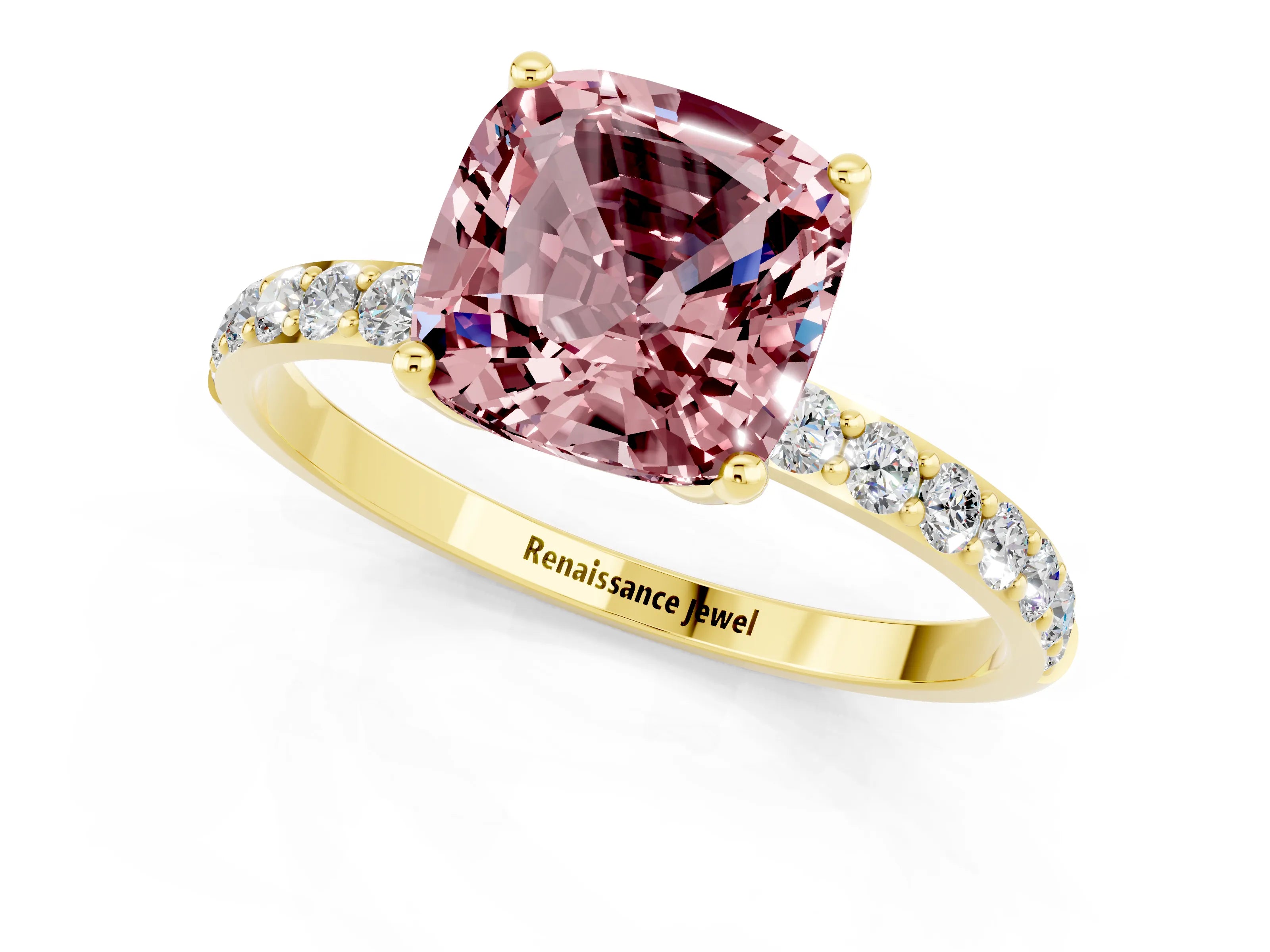 Yellow gold Cushion Cut Morganite Solitaire Engagement Ring with Pavé Band and Prong Setting_1