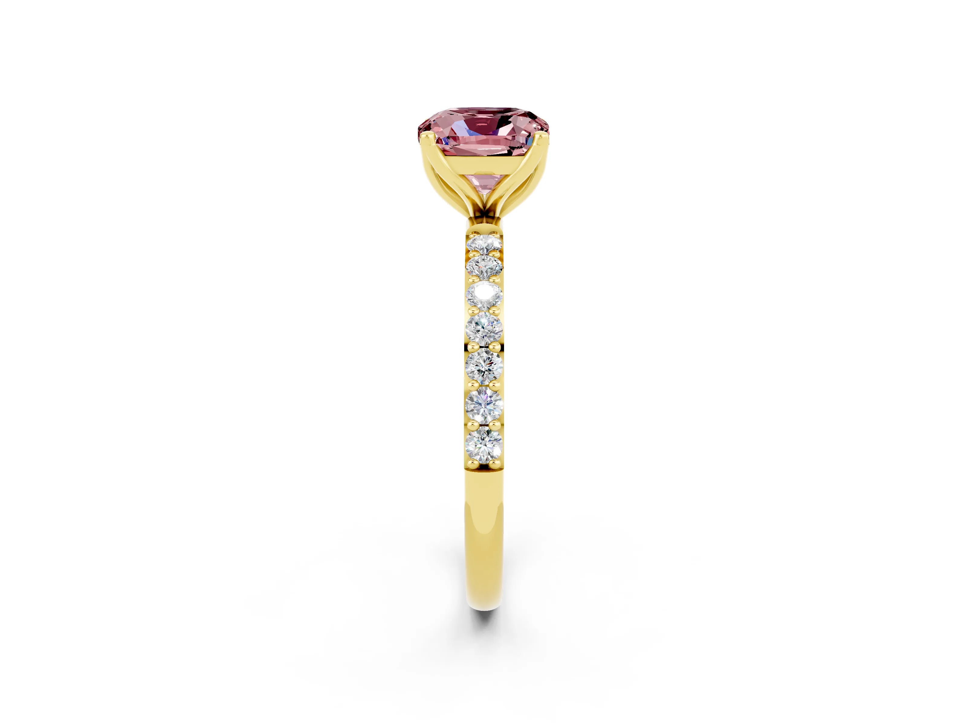 Yellow gold Cushion Cut Morganite Solitaire Engagement Ring with Pavé Band and Prong Setting_2
