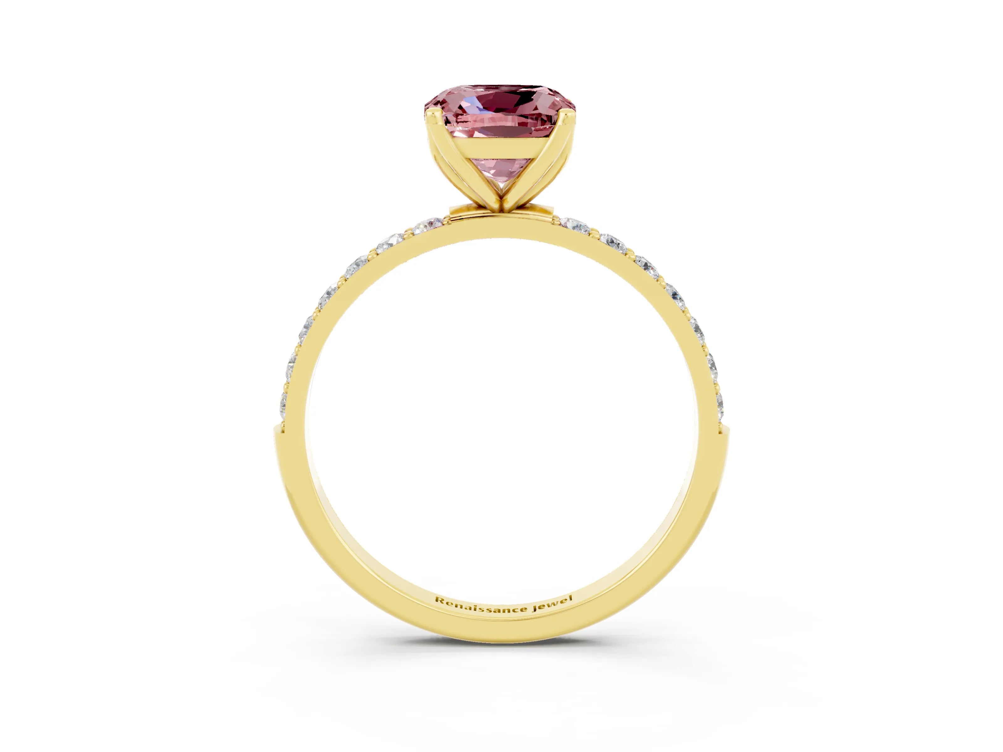 Yellow gold Cushion Cut Morganite Solitaire Engagement Ring with Pavé Band and Prong Setting_3